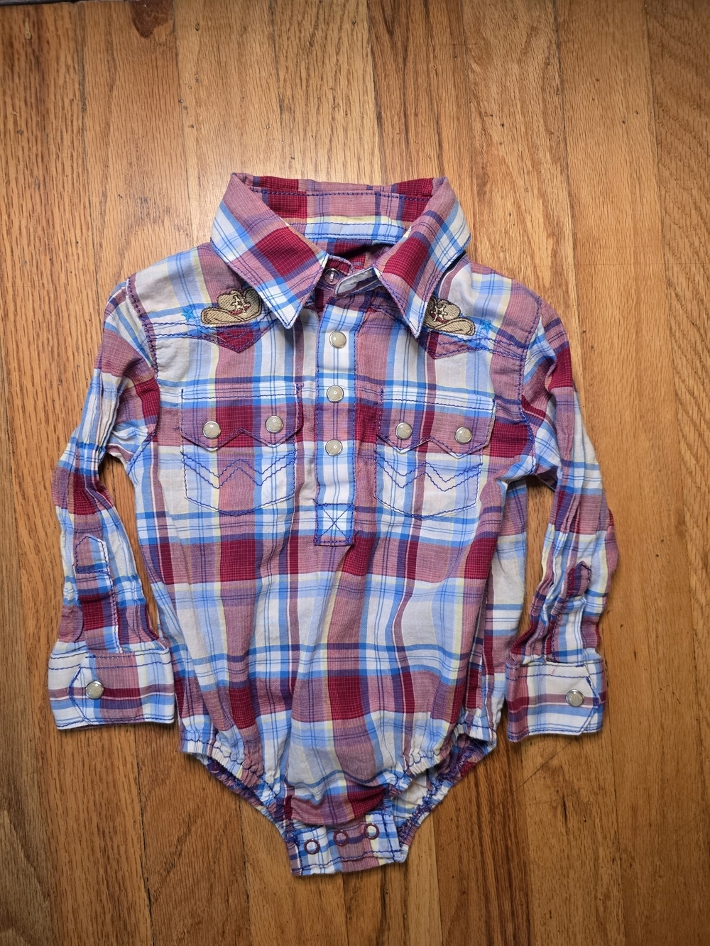 Wrangler Baby Western Plaid Bodysuit 6-9 Months Long Sleeve Snap Shirt Rodeo
